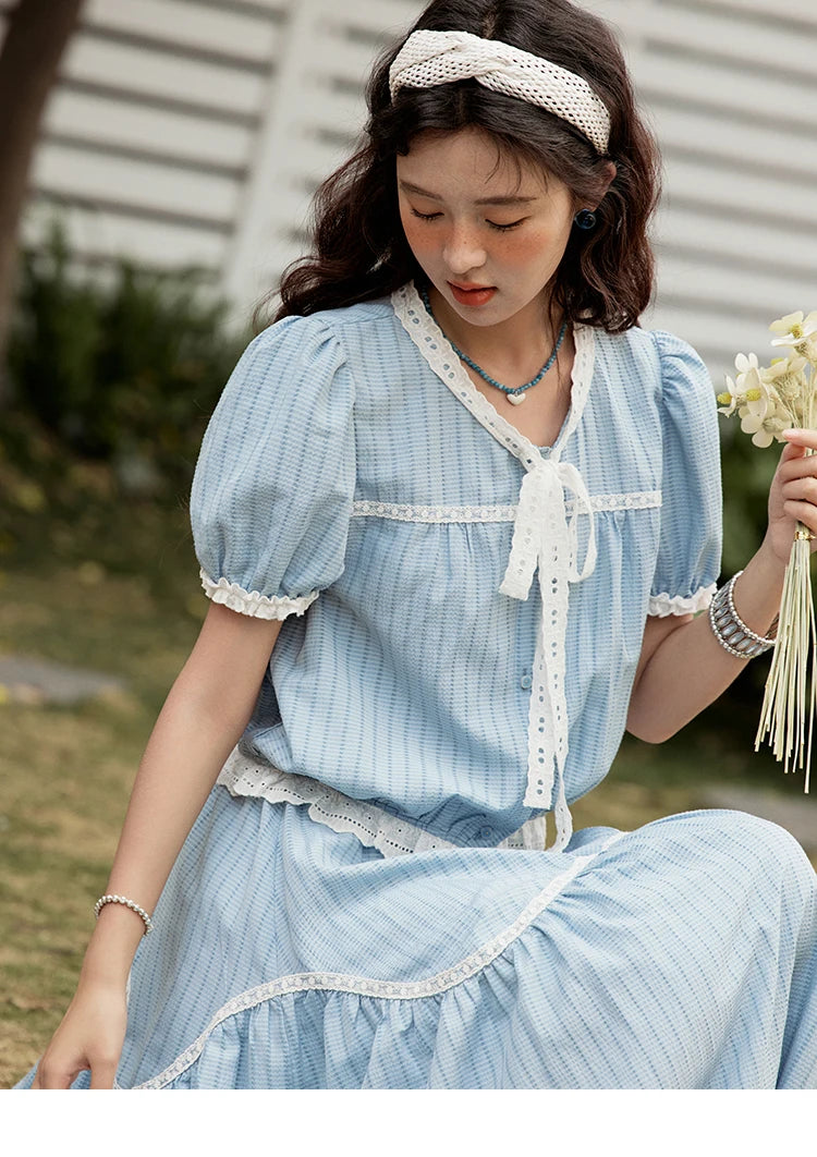 Mishow Blue Stripe V-Neck Top & A-Line Skirt Set MXE31T0531