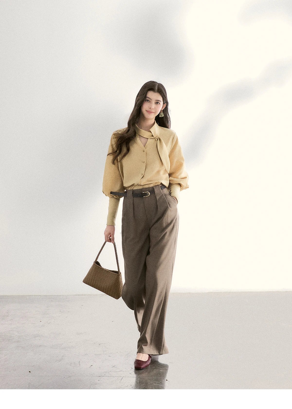 MISHOW Women's Tie Neck Shirt Hollow Out Knitted Patchwork Puff Sleeve MXF108C0812