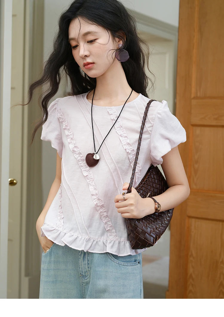 MISHOW Fungus Edge Puff Sleeve Blouse O-Neck Loose MXE39X1941