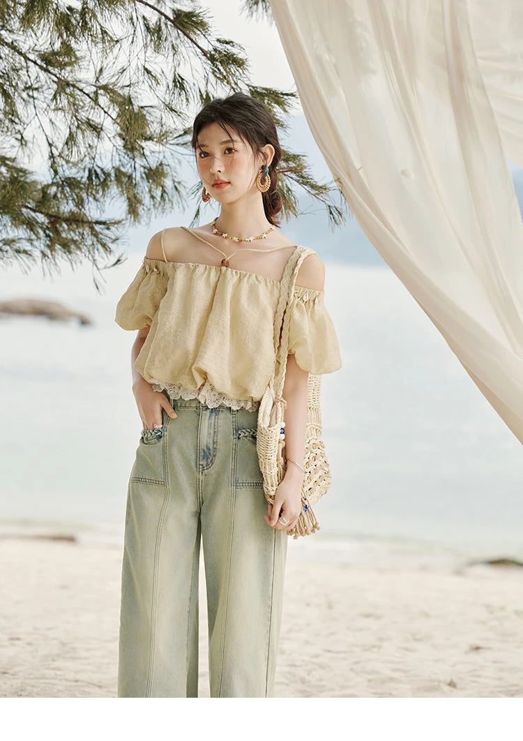 MISHOW French Camisole Shirt Off-Shoulder Lace Puff Sleeve MXE33X1755