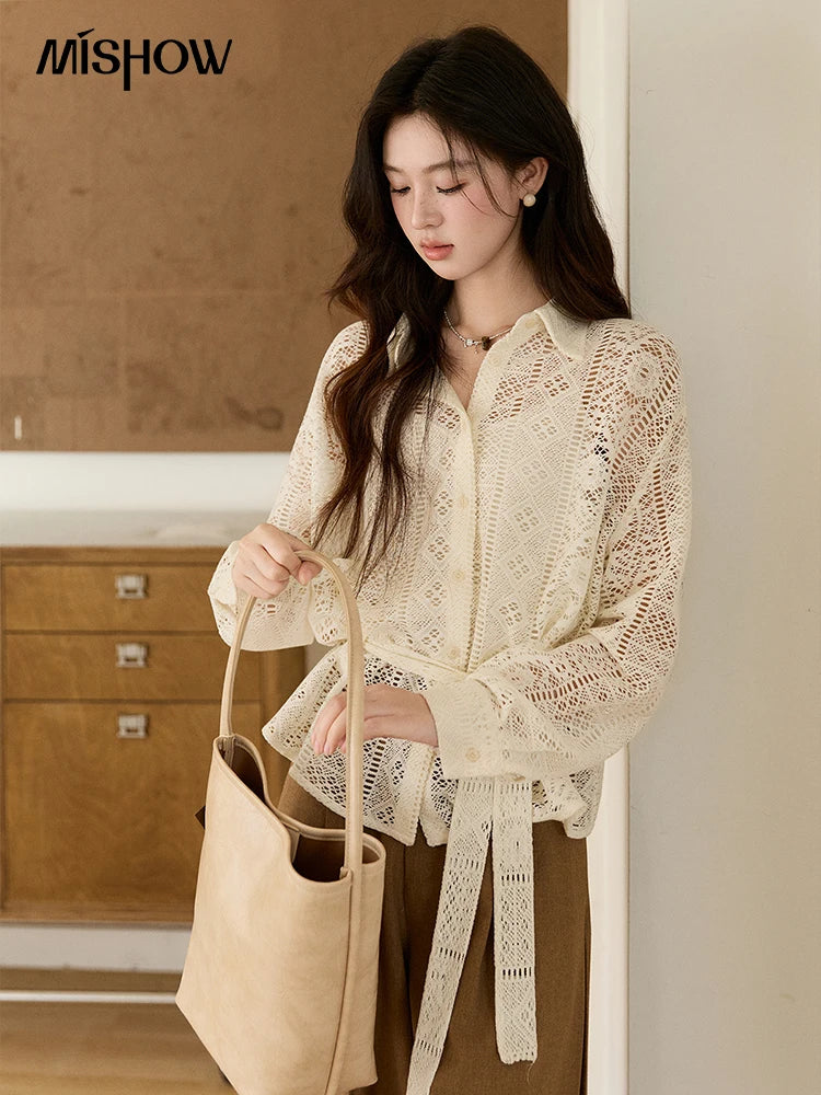 MISHOW Hollow Lace Shirt Camisole Set Drawstring Waist MXF108C0816