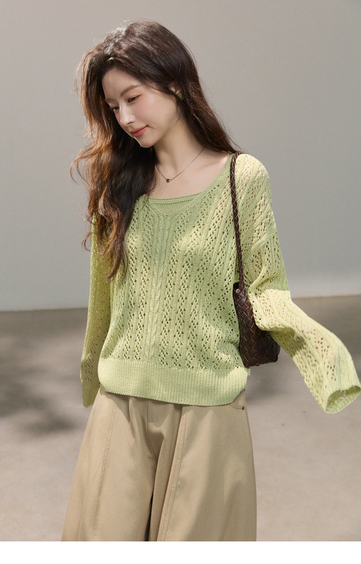 Mishow Green Hollow Cable Knit Top & Camisole Set MXF16T1524