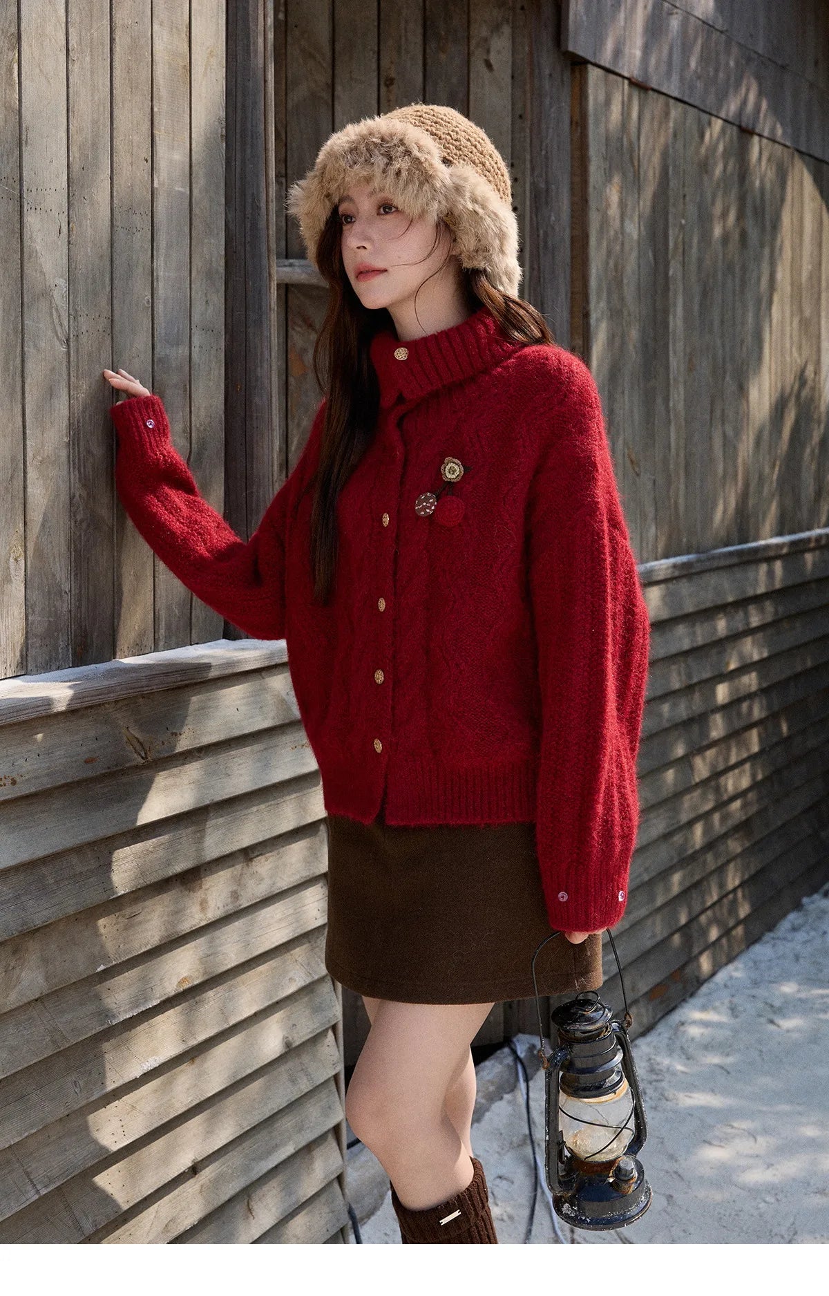 Mishow Red Cable Knit Stand Collar Cardigan MXE92Z2827