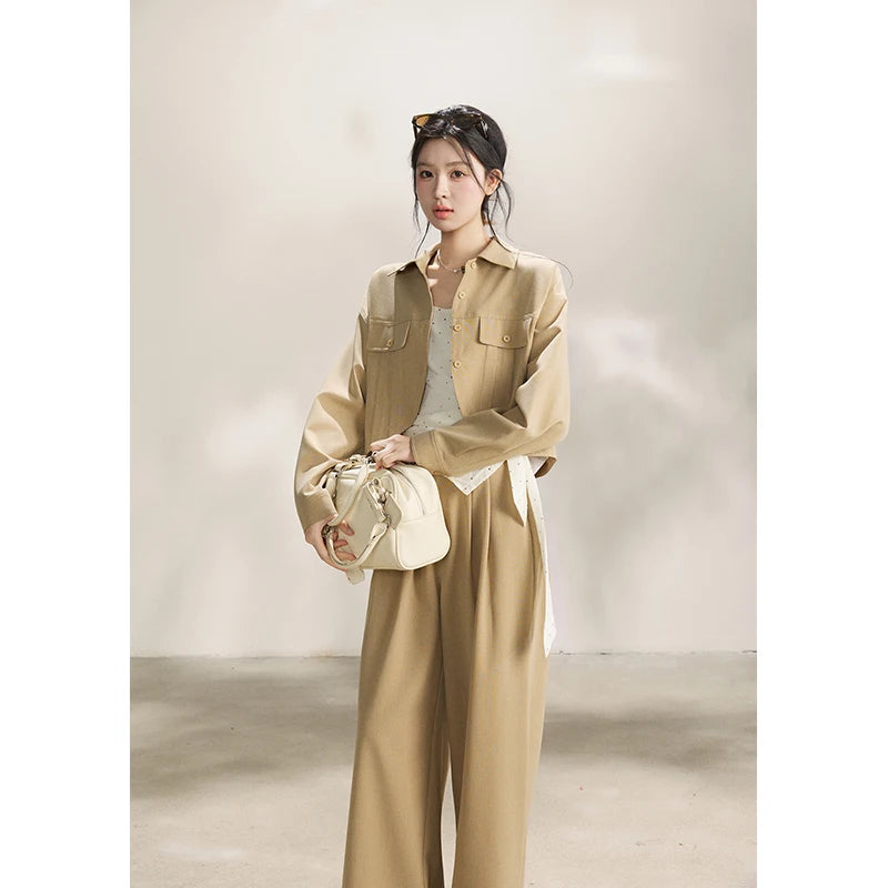 Mishow Khaki Cropped Jacket & Polka Dot Vest & Wide Leg Pants Three-Piece Set MXF13T1478