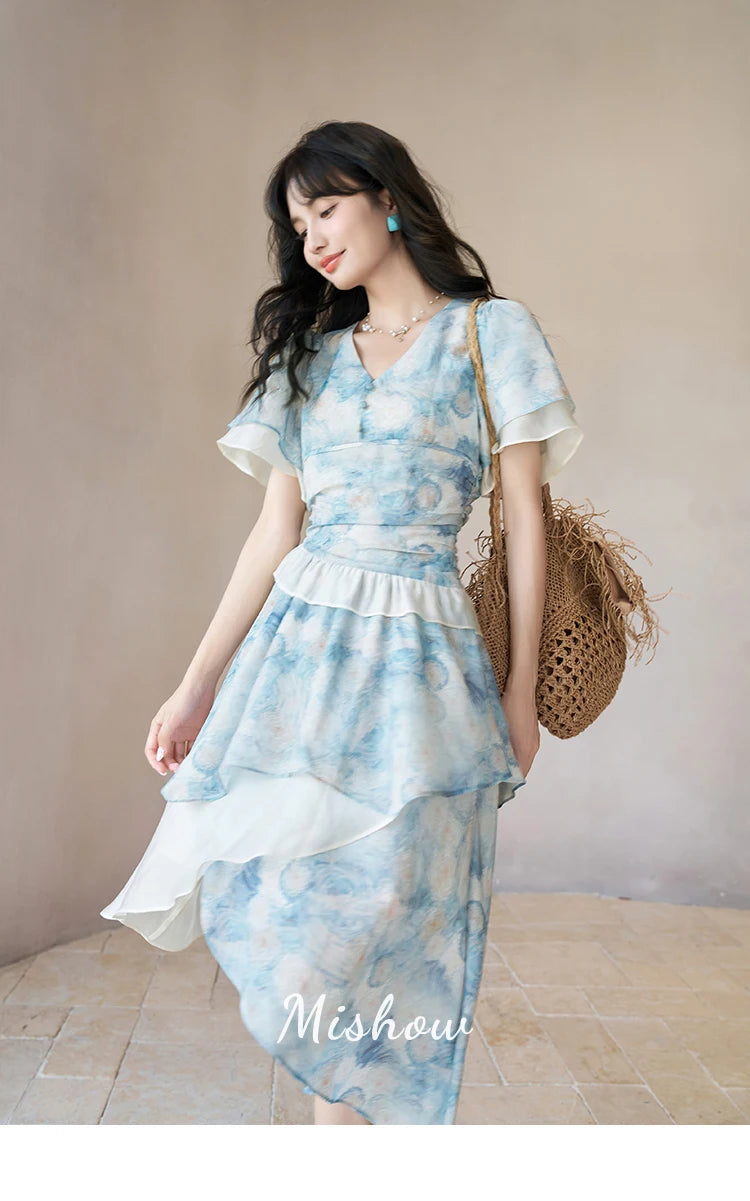 Mishow Van Gogh Double Layer Sleeve Asymmetrical Dress MXC39L1527
