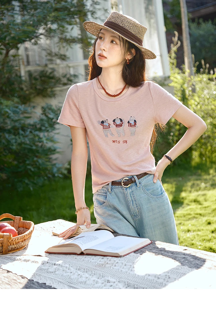Mishow Little Bear Embroidery Round Neck Tee MXE39T0699