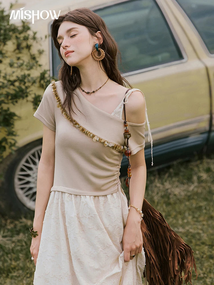 Mishow Off-Shoulder Knitted Patchwork Midi Dress MXE33L2207