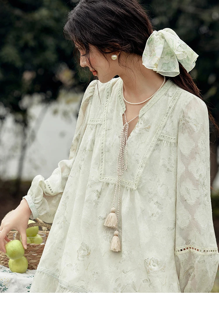 Mishow Floral V-Neck Tassel Lantern Sleeve Dress MXE15L2121