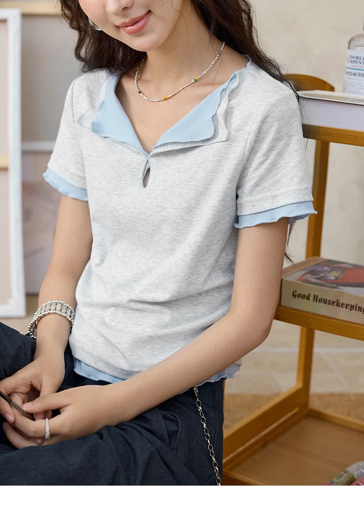Mishow Grey Blue Fake Two-Piece Wavy Edge Tee MXE35T0567
