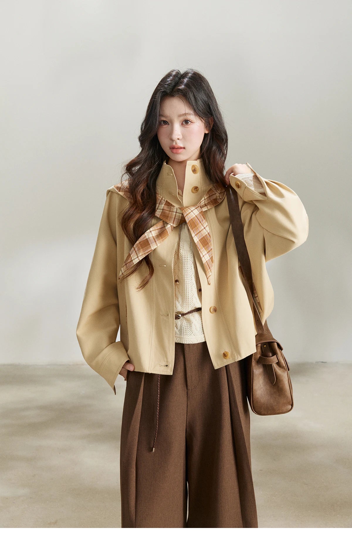 MISHOW Khaki Cropped Trench Coat Lapel Stand Collar MXF108W1003