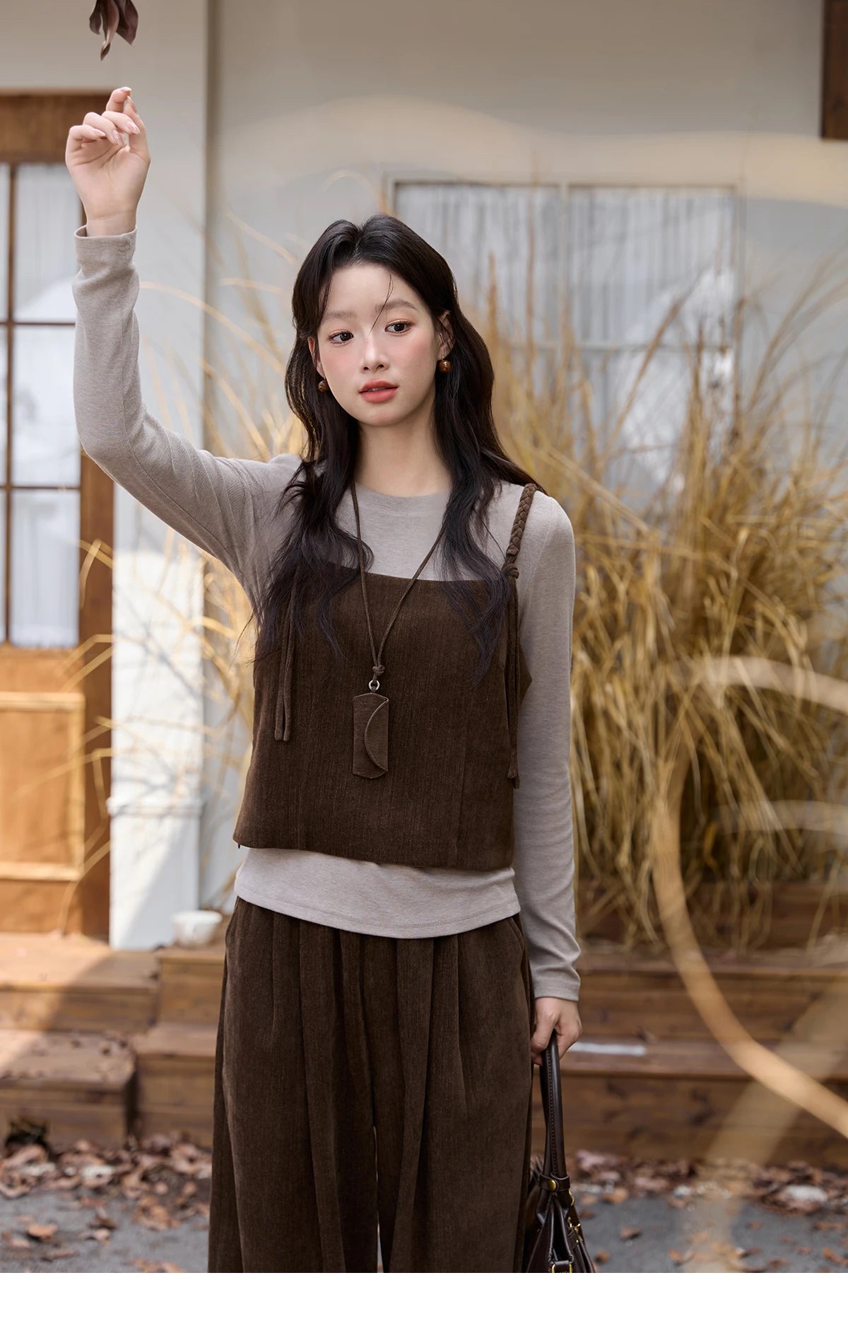 Mishow Brown Vest & Gray Top & Wide Leg Pants 3-Piece Set MXE49T1422