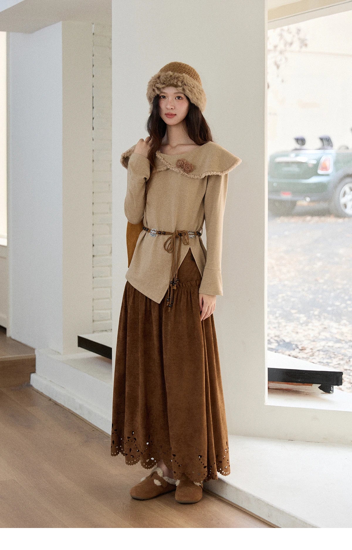 Mishow Retro Brown 3D Flower Decoration Round Neck Top MXE51Z2593