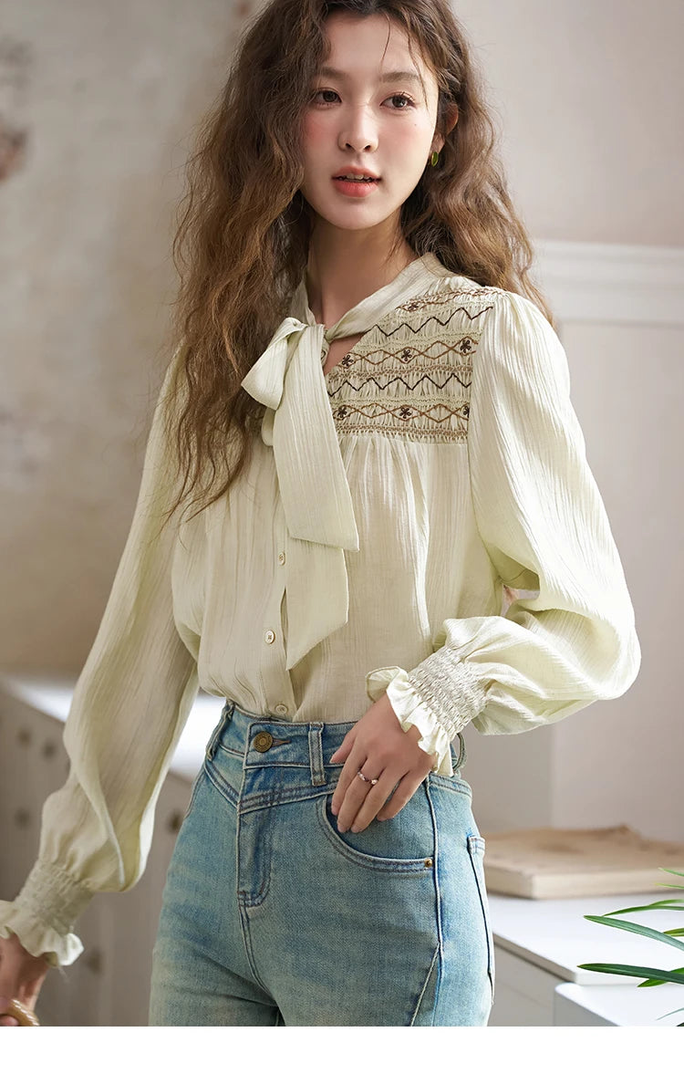 MISHOW Ribbon Collar Shirt Sweet Cuffs Pleated Embroidered Petal Sleeve MXD14C0226