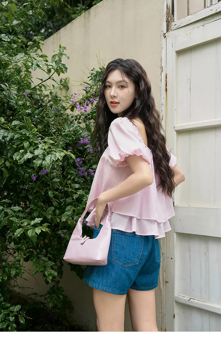 MISHOW Square Neck Blouse Tied Lantern Sleeve Double Layered Hem MXD26X1551