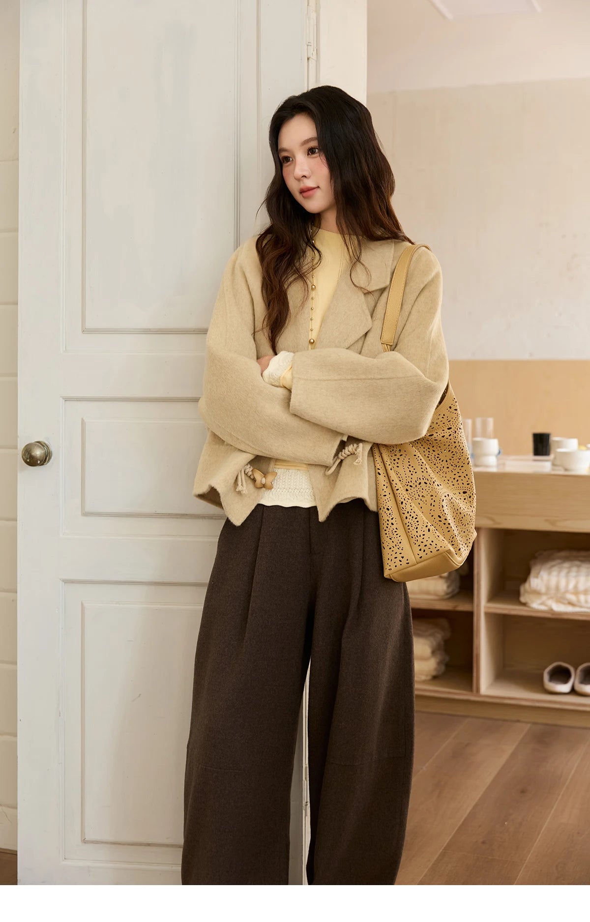 Mishow 100% Wool Retro Apricot Double-Faced Butterfly Button Coat MXE51W0887