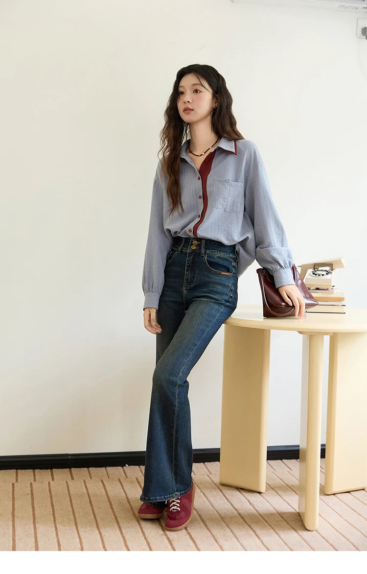 MISHOW Blue Red Striped Shirt Contrast Splicing Lapel MXE46C2405