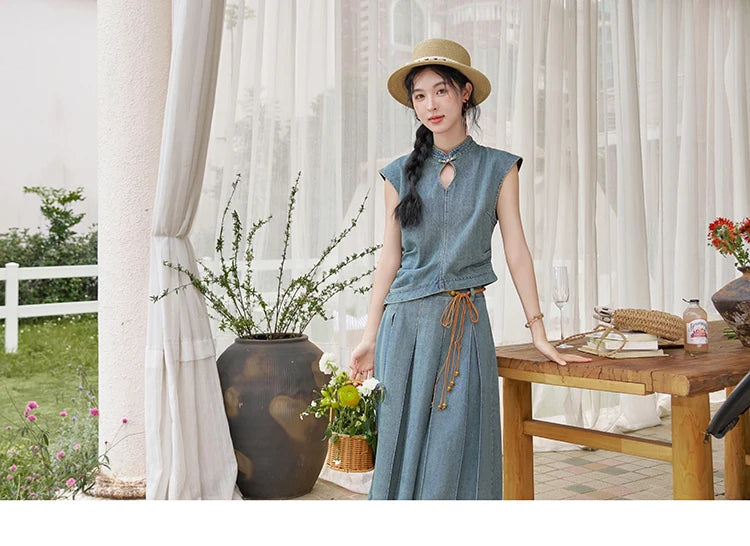 Mishow Chinese Stand Collar Vest & Pleated Denim Skirt Set MXD21X1465