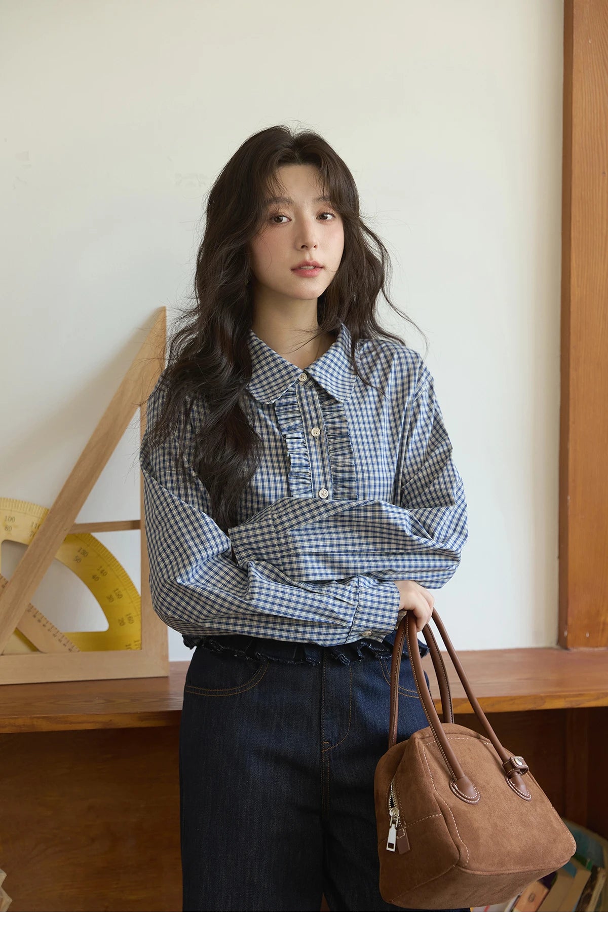 MISHOW Blue Plaid Cotton Shirt Doll Collar Dropped Shoulder MXE44C2391