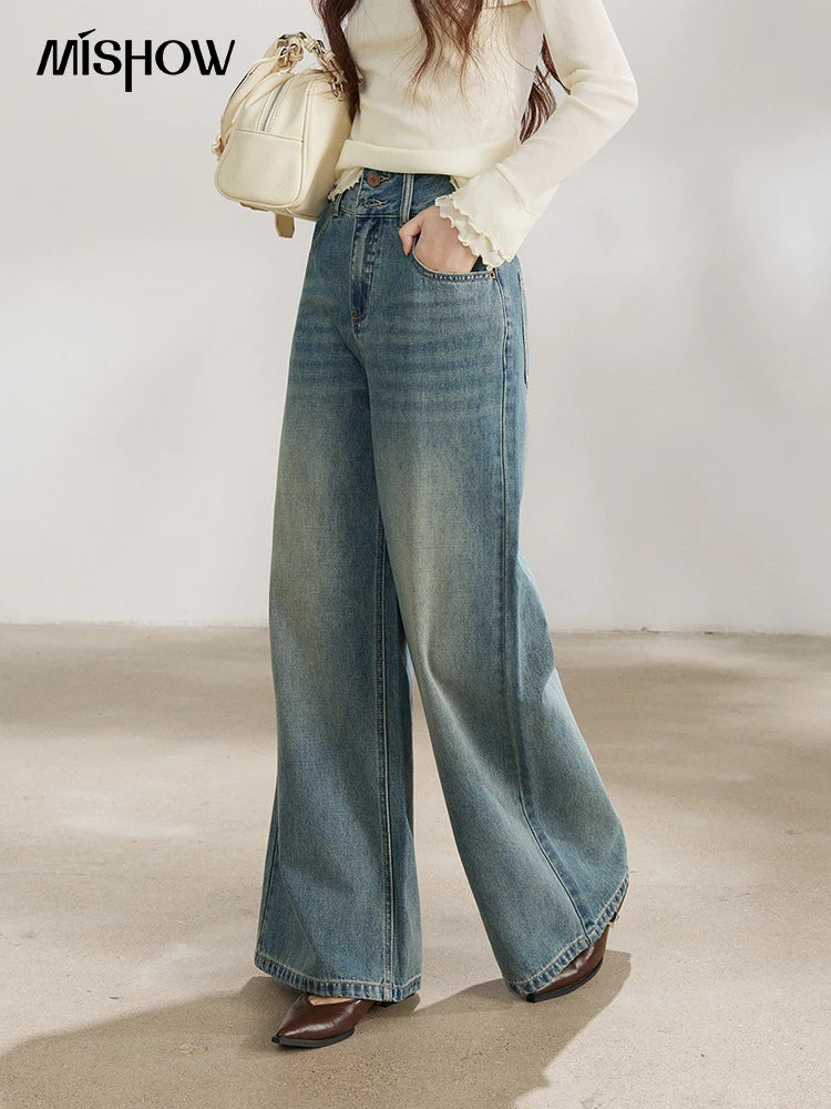 Mishow Vintage Blue Two-Button Wide Leg Jeans MXF108K1005