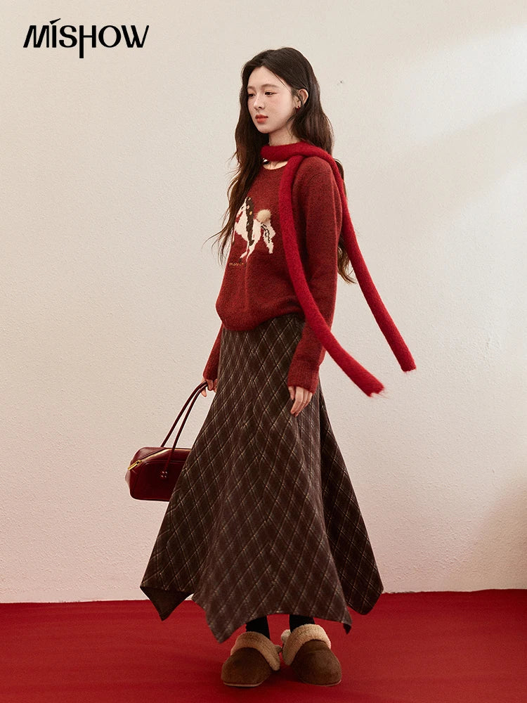 Mishow Christmas Red Jacquard Pony Sweater MXE94Z2861