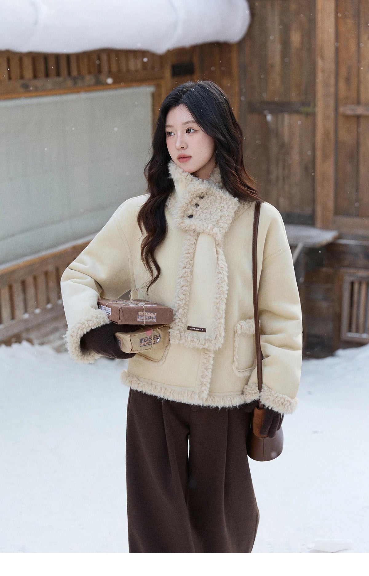 Mishow Cream Yellow Faux Suede Coat with Matching Scarf MXE91W1019
