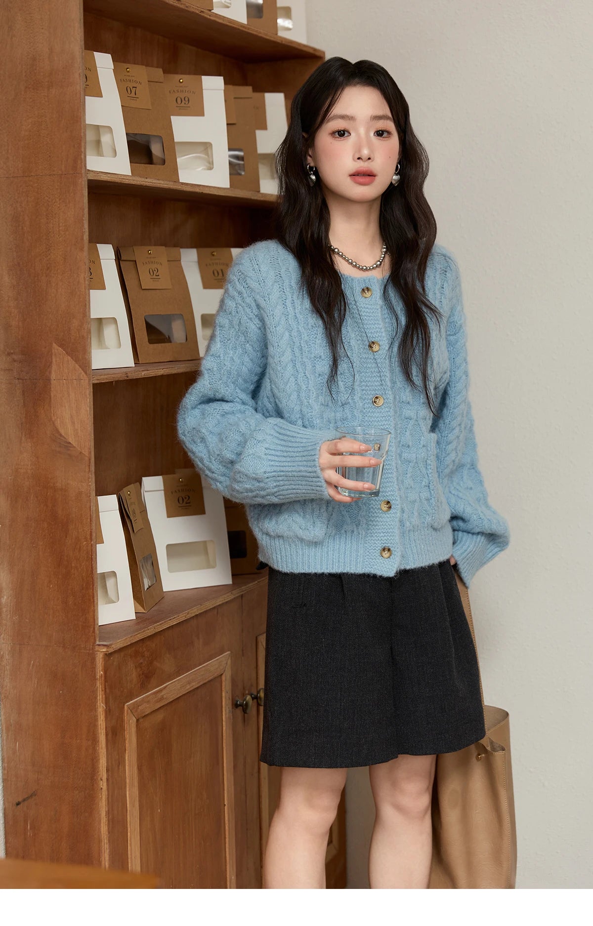 Mishow Light Blue Retro Crew Neck Pocket Cardigan MXE49Z2614