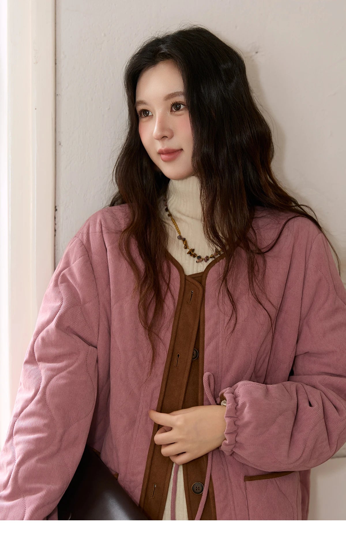 MISHOW Pink Purple Corduroy Jacket Gourd Pattern Splicing Suede MXE88W0882