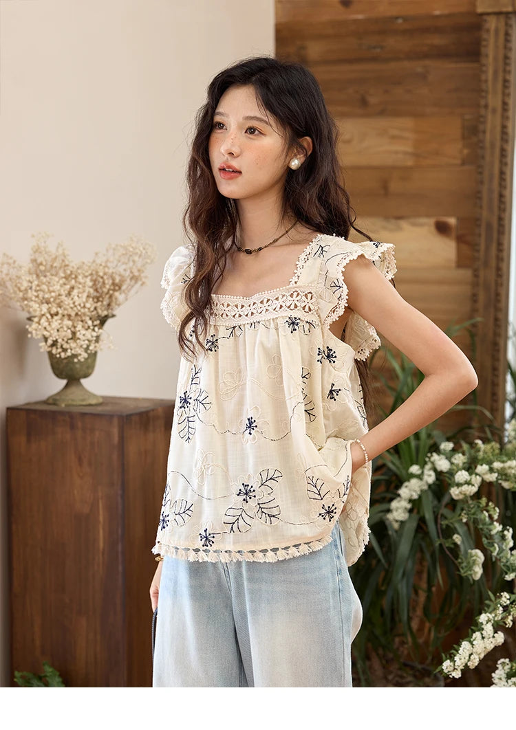 MISHOW Square Collar Embroidered Doll Blouse Flying Sleeve Lace Tassel MXE35X1839
