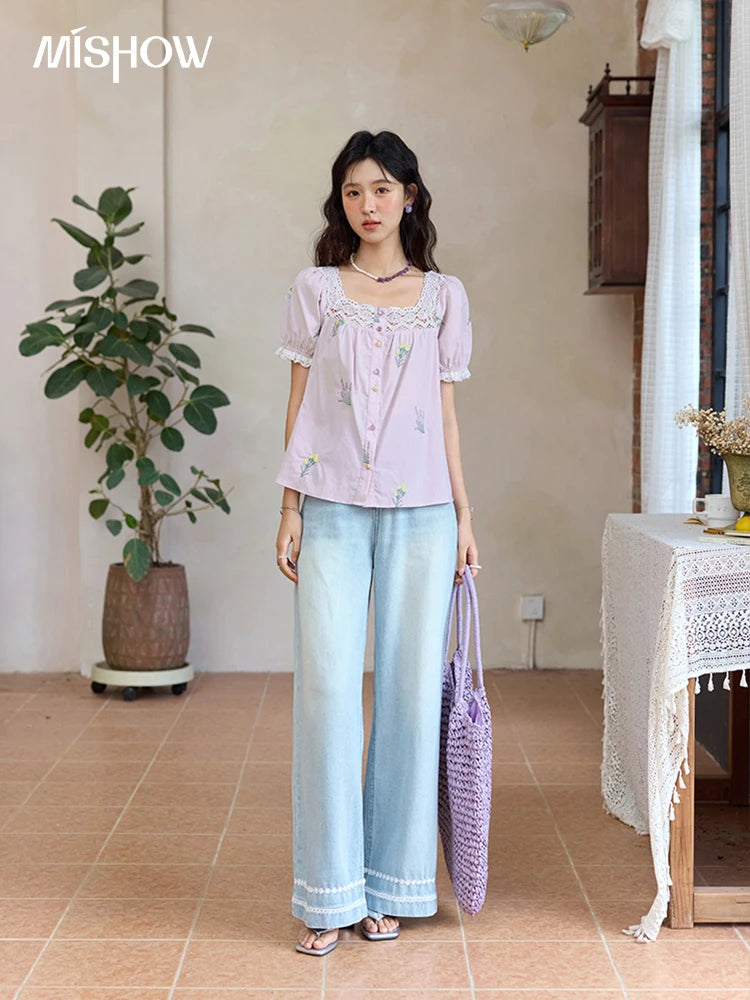 MISHOW Lace Patchwork Square Collar Blouse Puff Sleeve MXE36X1830