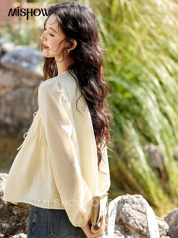 MISHOW Jacquard Lace V-Neck Blouse Ruffled Wavy Puff Sleeve MXE12C0397