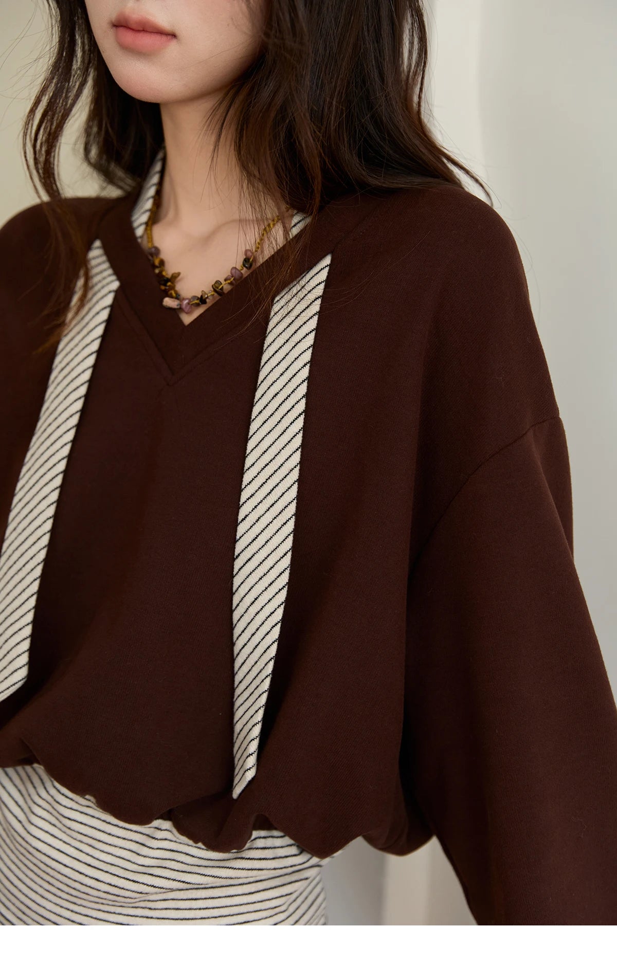 Mishow Retro Brown V-Neck Sweatshirt & Pleated Skirt Suit MXE47T1415