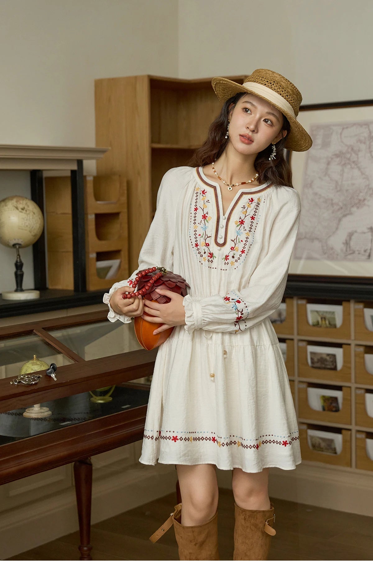 Mishow V-Neck Embroidered Drawstring Bohemian Dress MXE44L2489