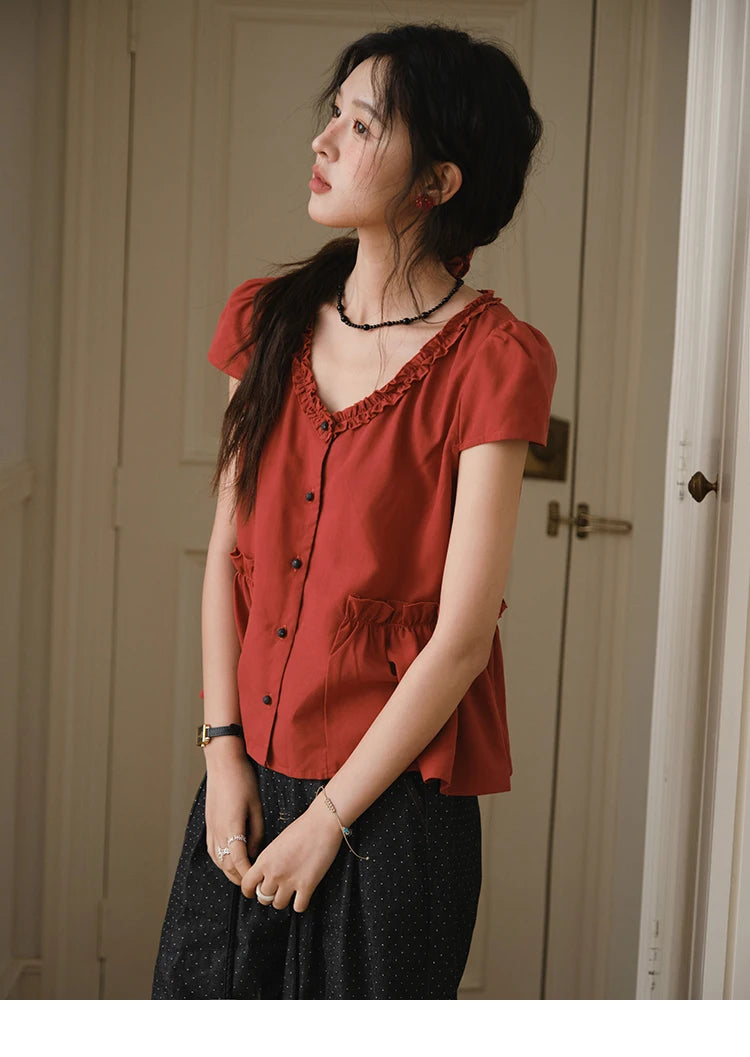 MISHOW Mushroom Edge V-Neck Blouse Button Short Sleeve MXE38X1867