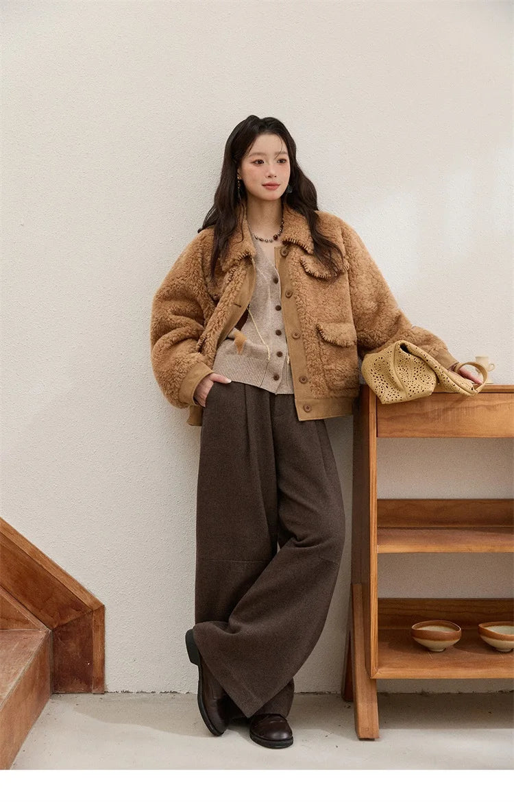 MISHOW Faux Lambskin Coat Turn-Down Collar Brown Loose MXE89W0896