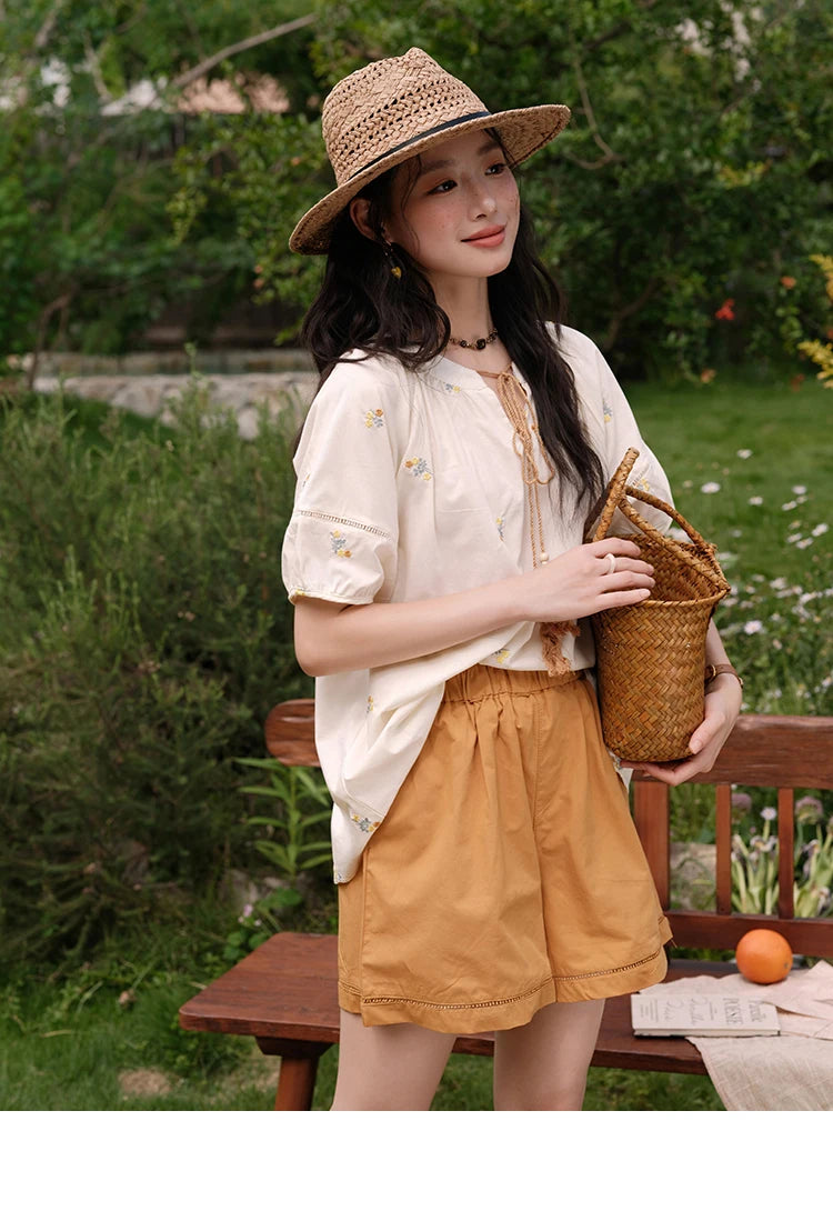Mishow Puff Sleeve Lace-Up Top & Elastic Waist Shorts Set MXE38T0684