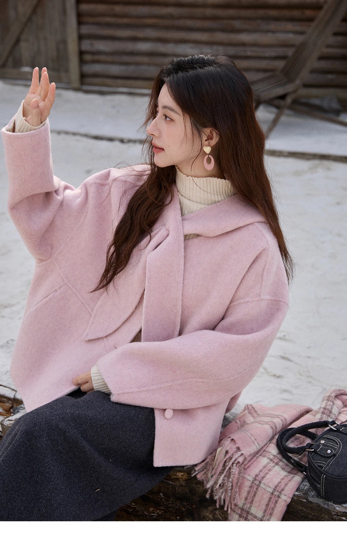 Mishow Pink Wool Hooded Bow Tie Strap Coat MXE91W1010