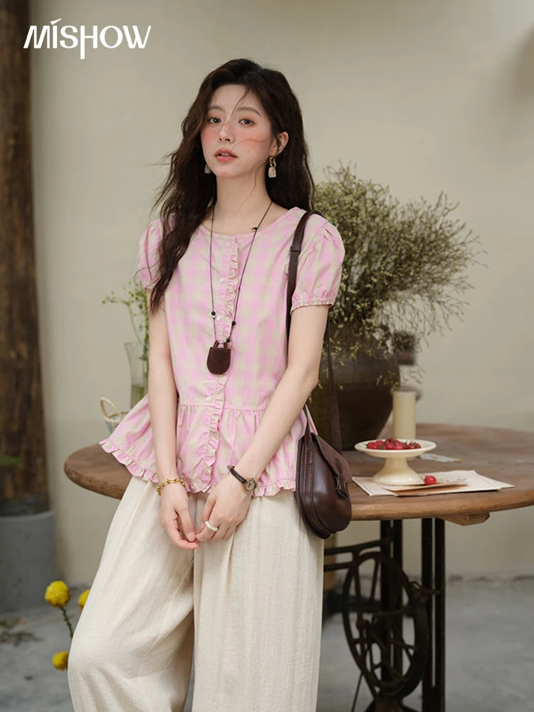 MISHOW Pink Plaid Puff Sleeve Shirt O-Neck Button MXE39X1932
