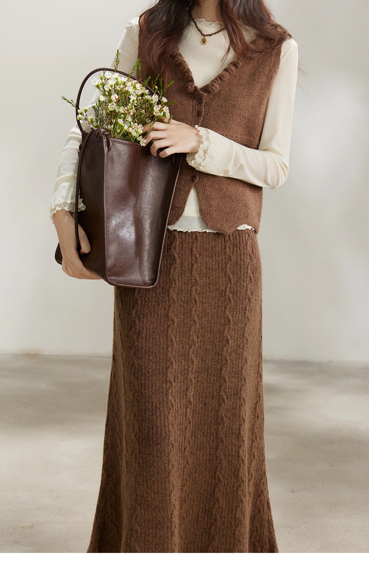 Mishow Brown Knitted Vest & Cable Knit Maxi Skirt Set MXF11T1460