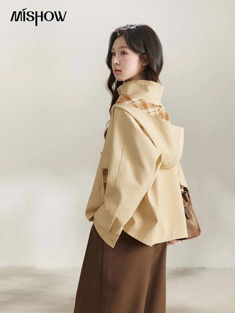 MISHOW Khaki Cropped Trench Coat Lapel Stand Collar MXF108W1003