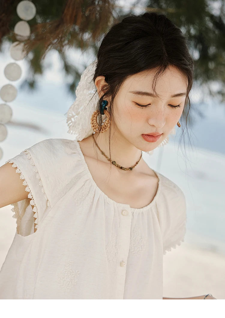 MISHOW Embroidered French Shirt Round Neck Short Sleeve MXE33X1744