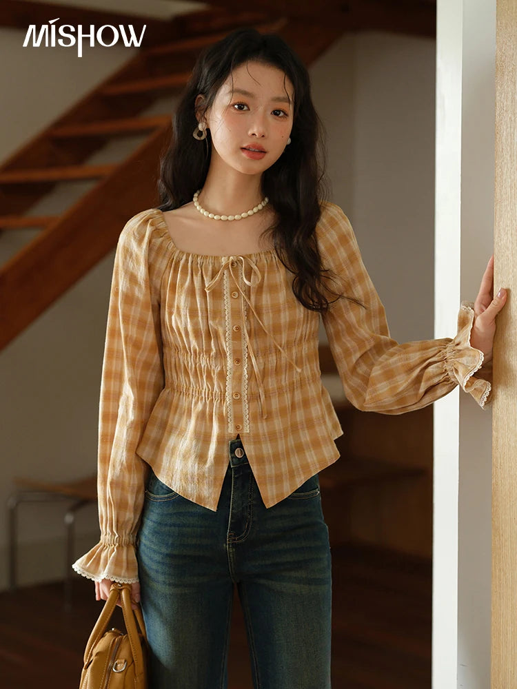 MISHOW Yellow Plaid Blouse Square Neck Puff Sleeve MXE43X1986