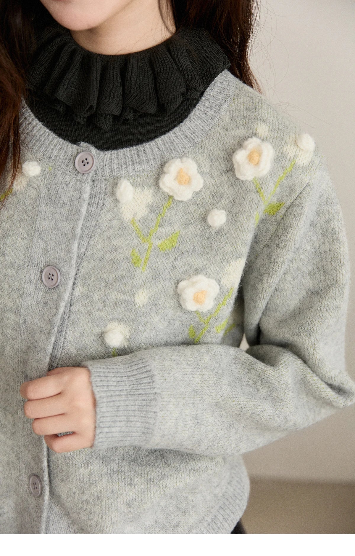 Mishow Gray Flower Embroidery Round Collar Cardigan MXE91Z2836