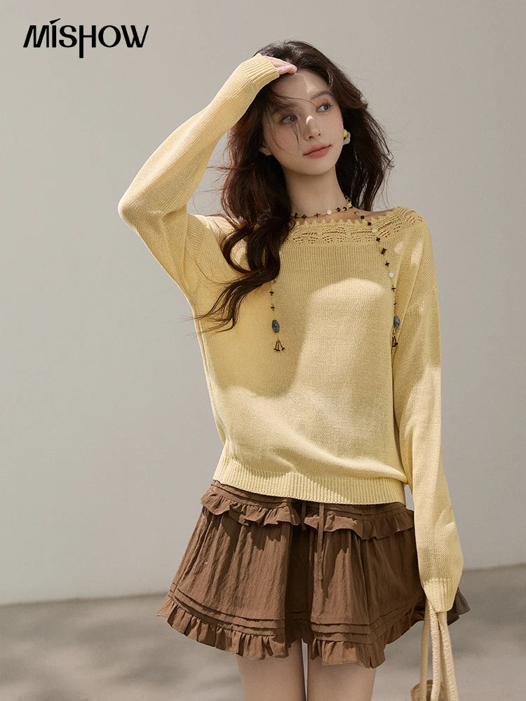 Mishow Yellow Hollow Lace Trim Boat Neck Sweater MXF15Z3050