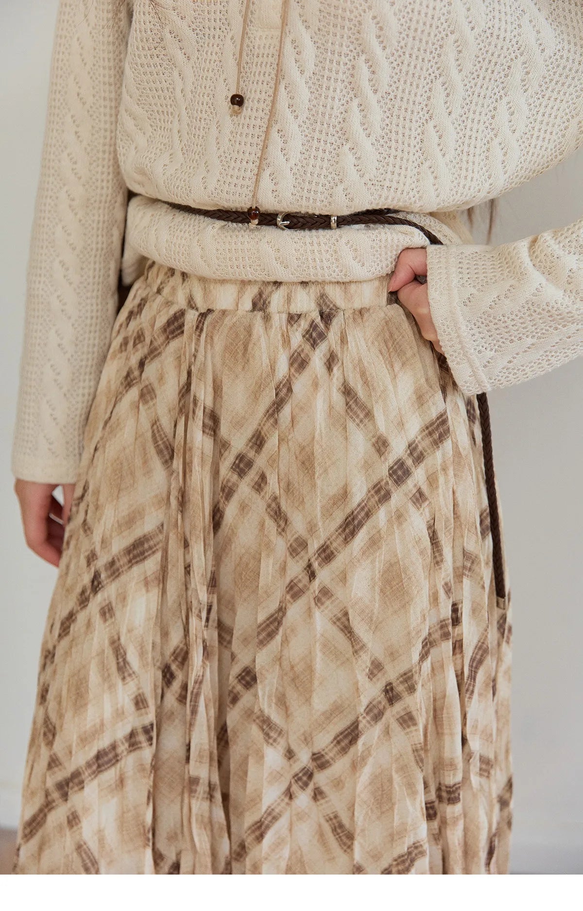 MISHOW Beige Plaid Maxi Skirt High Waist Flowy Elastic MXF108B0769