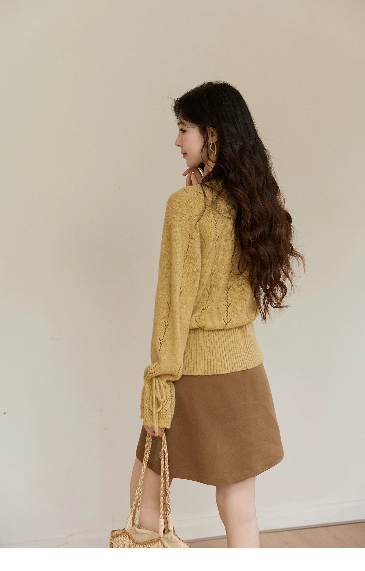 Mishow Yellow Hollow V-Neck Drawstring Cardigan MXF108Z1022