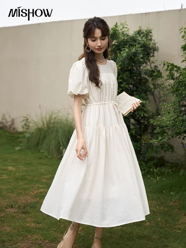 Mishow French Drawstring Waist Puff Sleeve Dress MXC38L1415