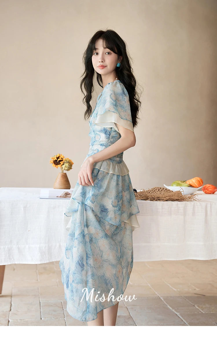 Mishow Van Gogh Double Layer Sleeve Asymmetrical Dress MXC39L1527
