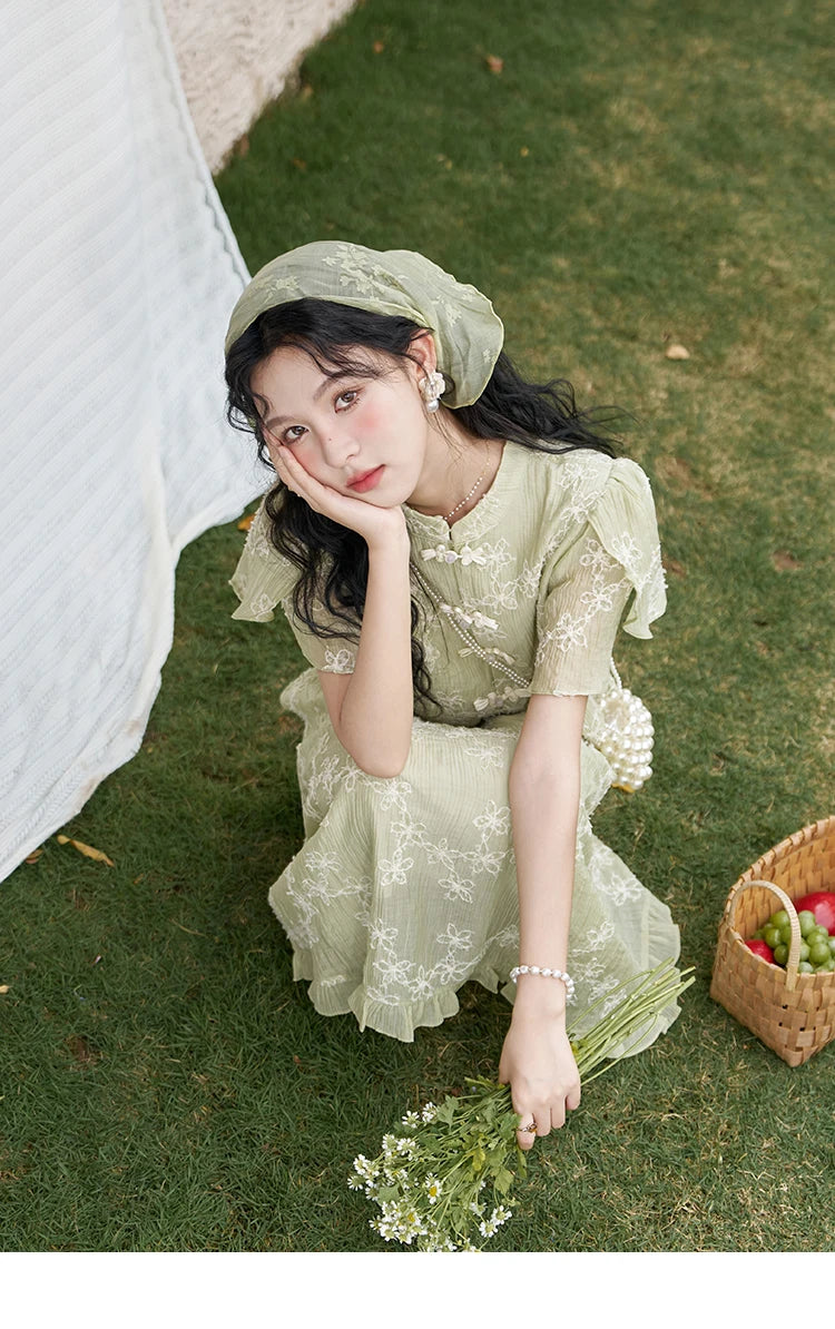 Mishow Chinese Green Stand Collar Top & Selvedge Skirt Set MXD22X1388