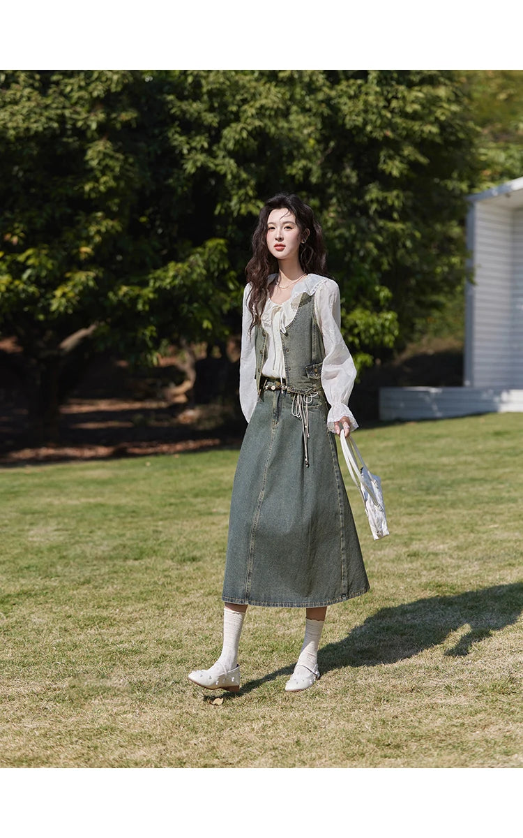 Mishow Korean Denim Vest Coat & Slim A-Line Midi Skirt Set MXE13W0731