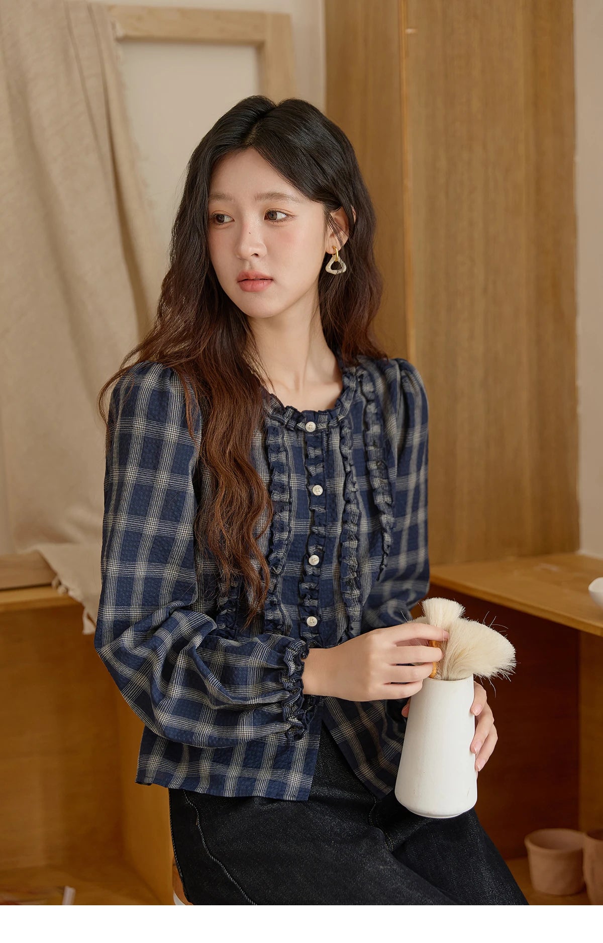 MISHOW Vintage Blue Plaid Shirt Round Neck Loose MXE45X2480